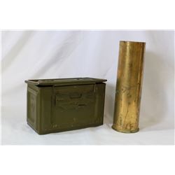 VINTAGE METAL AMMO BOX AND 105MM SHELL CASING