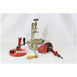 TWO VINTAGE SLICERS AND MEAT GRINDER