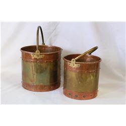 TWO BRASS AND COPPER BOUND BAIL HANDLED BUCKETS