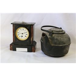 ANTIQUE CLOCK AND CAST IRON KETTLE