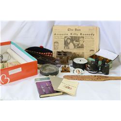 TWO TRAYS OF COLLECTIBLE ITEMS AND JFK NEWSPAPER
