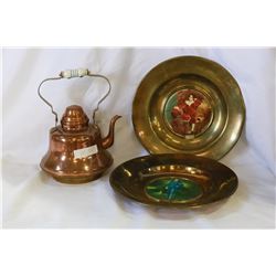 PAIR OF ANTIQUE COPPER RED BLY BLUE GIRL WALL PLAQUES AND LARGE COPPER TEAPOT