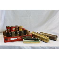 TWO BRASS FIRE EXTINGUSHERS AND ANTIQUE BATTERIES