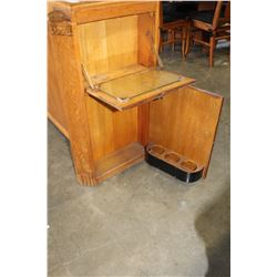 Antique Carved Oak 2 Door Server With Drop Down Side Bar Cabinet