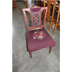 ANTIQUE MAHOGANY PARLOR CHAIR WITH NEEDLEWORK SEAT