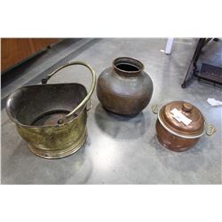 BRASS COAL HOD AND TWO COPPER ITEMS