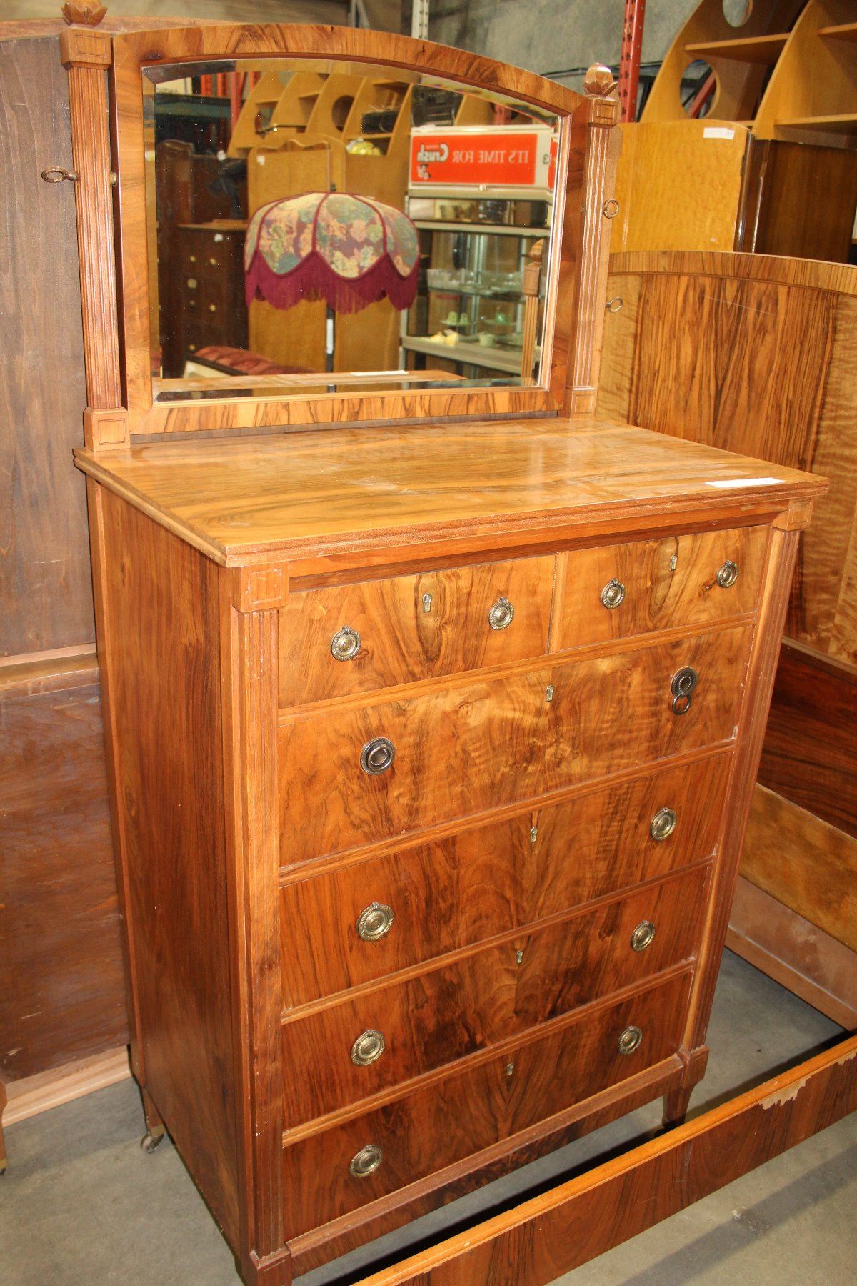 Antique Walnut Highboy Dresser And Mirror