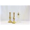 Image 1 : ANTIQUE OIL LAMP AND PAIR HEAVY BRASS CANDELSTICKS