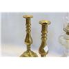 Image 2 : ANTIQUE OIL LAMP AND PAIR HEAVY BRASS CANDELSTICKS