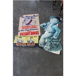 THREE VINTAGE CARDBOARD ADVERTS