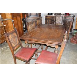 ANTIQUE OAK DRAWLEAF DINING TABLE AND SIX CHAIRS BY STRATHROY FURNITURE