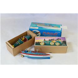 ANTIQUE IN ORIGINAL BOX TIN BOAT AND BUGATTI CAR