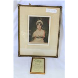 ANTIQUE GILT FRAMED PICTURE OF GIRL IN BONNET AND SMALL MOTTO PIUCTURE