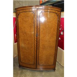 ANTIQUE BURLED WALNUT 2 DOOR CABINET WARDROBE W/ BASE