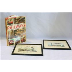 TWO VINTAGE FRAMED RAILROAD PRINTS AND BOOK