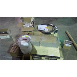 Pallet of miscellaneous, includes pail Flextra sealant / cast iron elbows / camlock / light fixtures