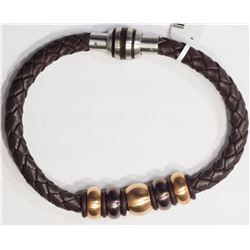 Stainless Steel Brown Leather Bead Men's Bracelet/Retail $60