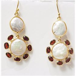 Silver Gold Plated Garnet and Pearl Earrings, Insurance Value $500