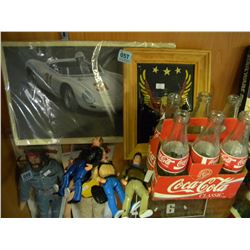 6 COLLECTIBLE COCA COLA BOTTLES IN CASE/4 70'S ACTION FIGURINES/HARLEY DAVIDSON FRAMED PRINT/CAR PHO