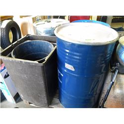 PALLET OF 4 EMPTY BARRELS/3 LARGE GARBAGE CONTAINERS