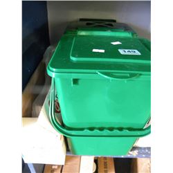 2 GREEN GARBAGE PALES/BOX OF TOILET HANDLES