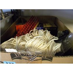 BOX OF MISC LIGHTS/BROOM BRUSHES/MOP HEAD