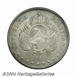 Republic. Boliviano 1879-FE, KM160.2, very