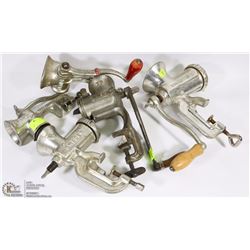 FIVE VINTAGE MEAT GRINDERS