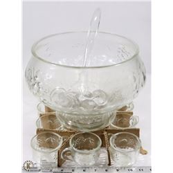 VINTAGE GLASS PUNCH BOWL COMPLETE WITH 12