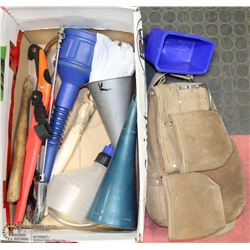 BOX OF ASSORTED HARDWARE ,TOOL BELT AND MORE