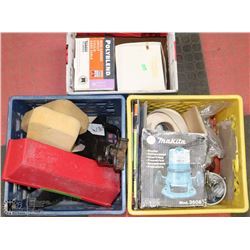 2 TOTES AND A BOX WITH DRYWALL, TILE TOOLS ETC
