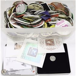 LOT OF COLLECTOR BUTTONS W/ MILLENIUM COIN & STAMP