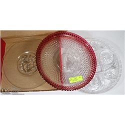 3 PLATTERS INCLUDING CRANBERRY GLASS
