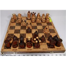 ANTIQUE HAND CARVED WOOD CHESS SET WITH HAND