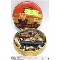 TIN W/ ASSORTED WATCHES, SOME ARE SCRATCHED & ALL