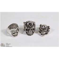 LOT OF 3 MENS SKULL FASHION RINGS ALL SIZE 10
