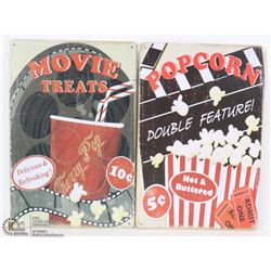 LOT OF 2 NEW 12"X8" TIN SIGNS - POPCORN & MOVIE