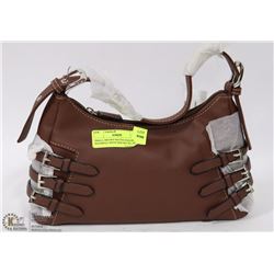 SMALL BROWN MATTE FINISH HANDBAG WITH SIDE BUCKLES