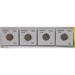 4 CANADIAN TEN CENT SILVER  COIN INCL 1931-1934