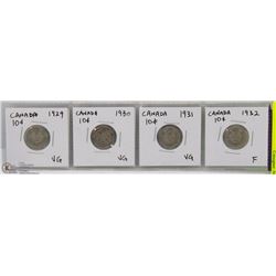 4 CANADIAN TEN CENT SILVER  COIN INCL 1929-1932