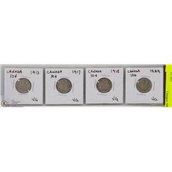 4 CANADIAN TEN CENT SILVER  COIN INCL 1913