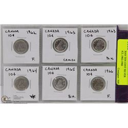 6 CANADIAN TEN CENT SILVER  COINS INCL 1962-1966