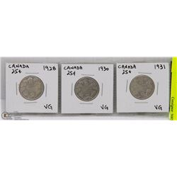 3 CANADIAN 25 CENT SILVER COINS INCL 1928,1930,