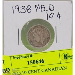 1938  NFLD 10 CENT CANADIAN SILVER COIN