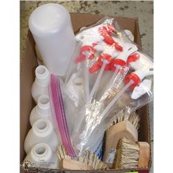 LOT OF SPRAY BOTTLES + NOZZLES + BRUSHES