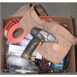 BOX W/ MISC GOODS INCL CARPENTERS BELT,