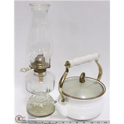 ENAMEL KETTLE WITH GLASS HURRICANE LAMP