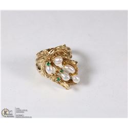 14K YELLOW GOLD EMERALD AND PEARL RING W/.COA