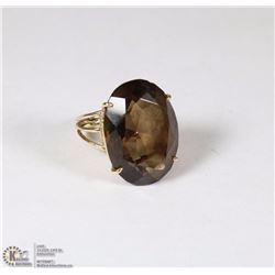 14K YELLOW GOLD 28CT SMOKY QUARTZ RING WITH COA