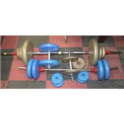 PAIR OF BARBELLS, THREE DUMBELLS AND 150LB
